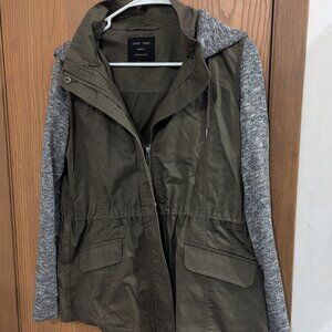 Love Tree Zip Green and Gray Utility Jacket with Drawstring Cinch Waist-Medium